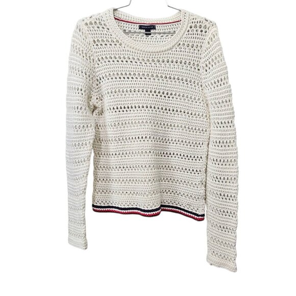 Tommy Hilfiger Women's White Crew Neck Crochet Open Knit Sweater - Picture 2 of 8